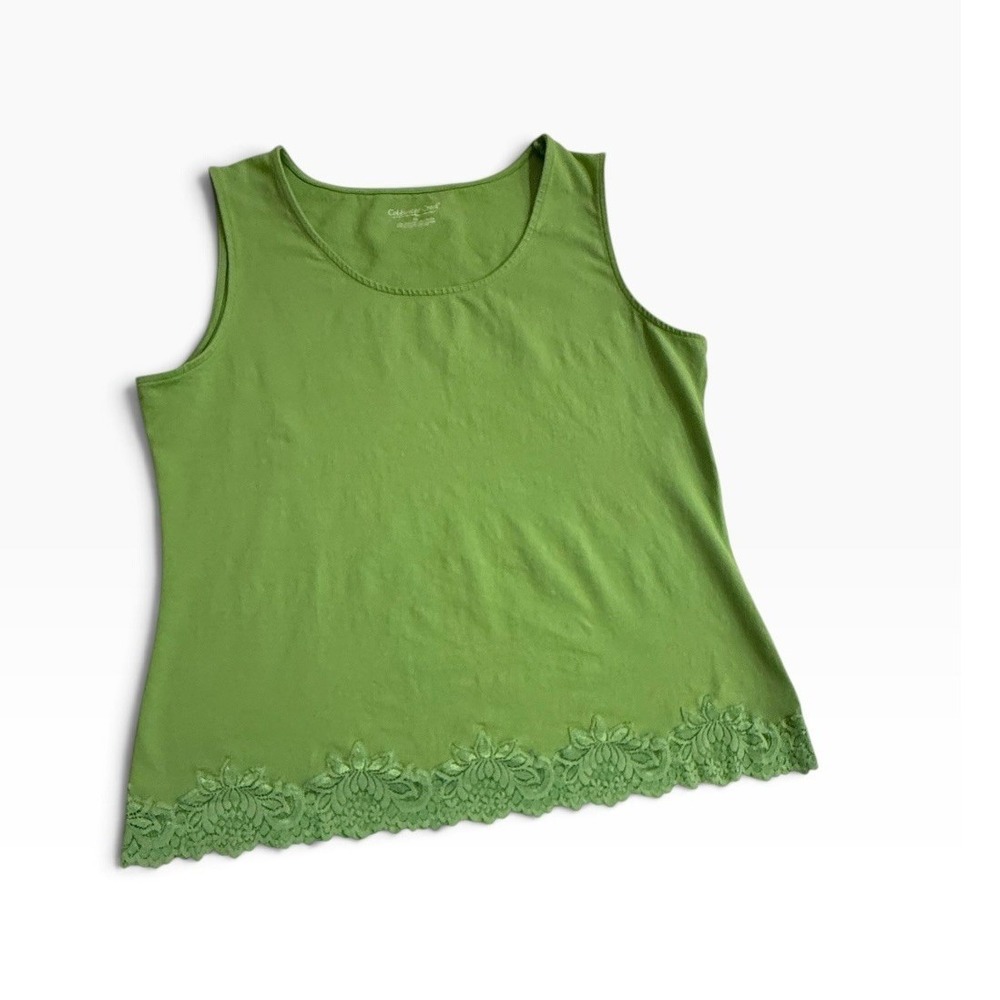 Coldwater Creek Womens XL Lime Green Lace Hem Tank Top Cotton Stretch